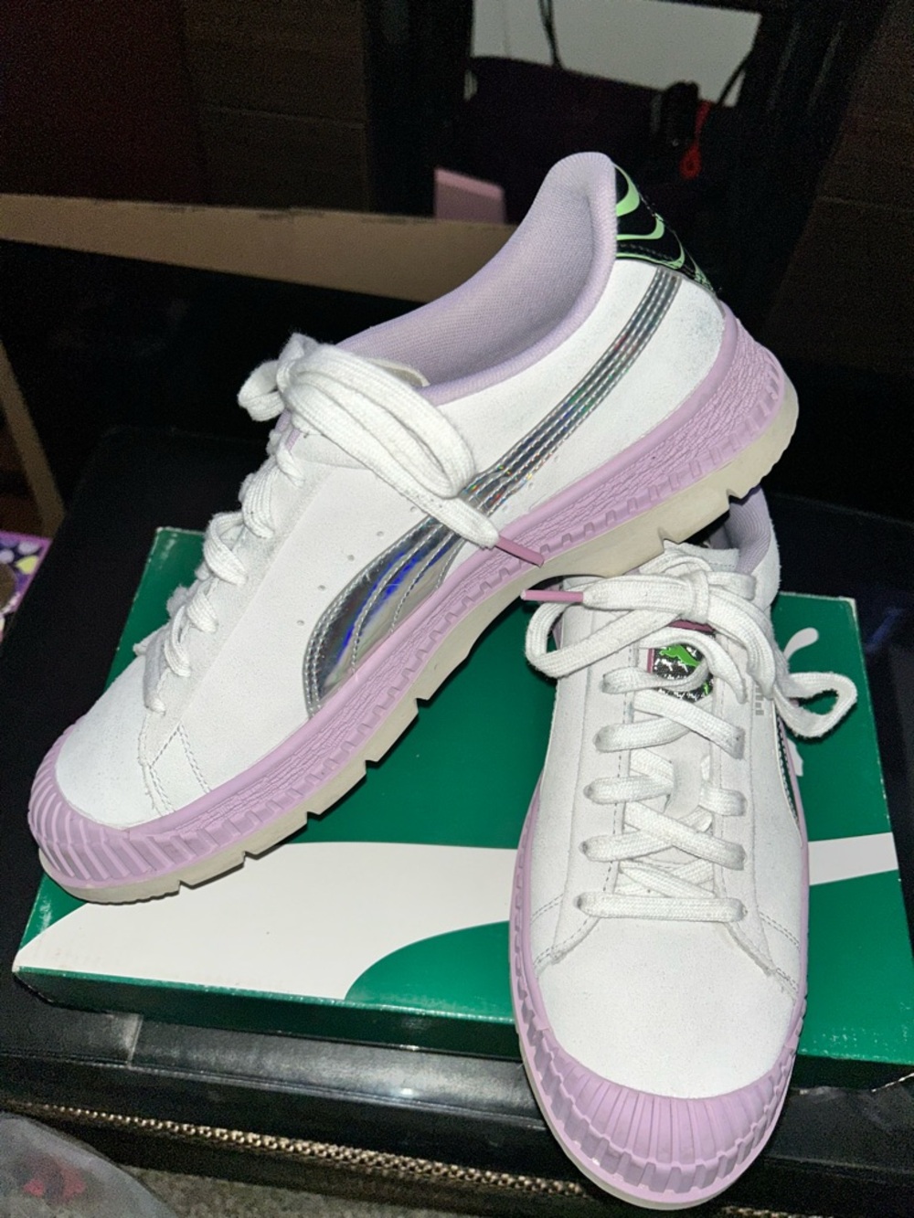 Puma White Sneakers with Lavender Soles and Iridescent Formstrip